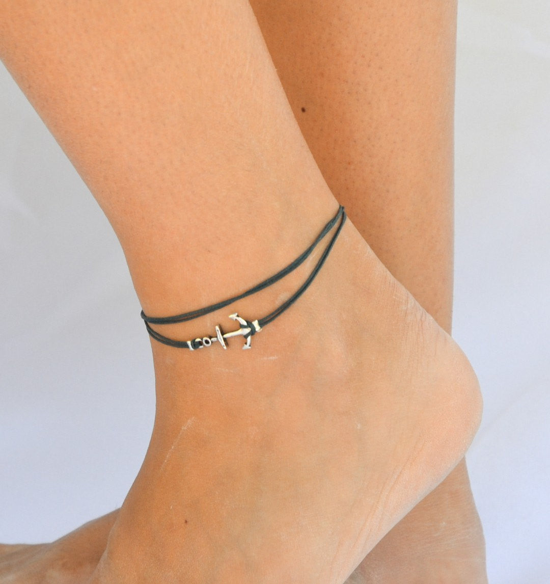 Nautical wrapped anchor anklet with blue cord - shani-adi-jewerly