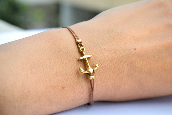 Brown bracelet with gold anchor charm - shani-adi-jewerly
