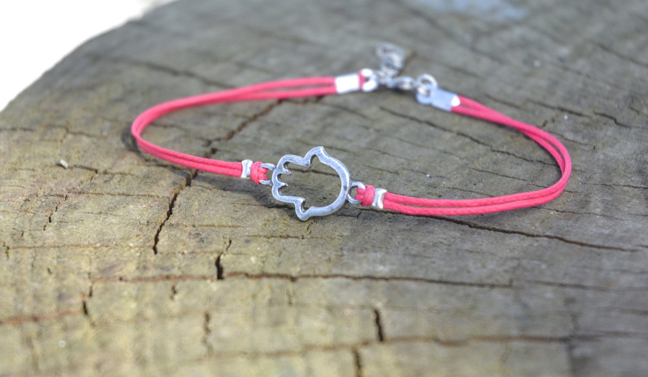 Pink dainty cord anklet with a silver Hamsa charm - shani-adi-jewerly
