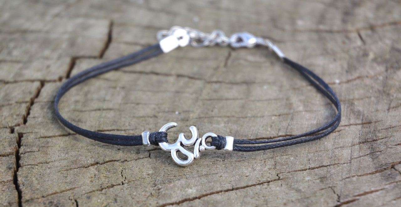 Dainty black cord anklet with silver Om charm - shani-adi-jewerly
