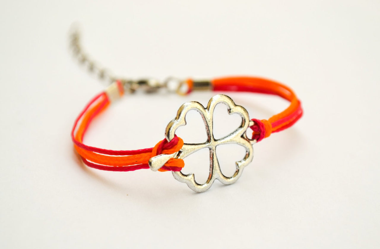 Clover bracelet - orange and pink cord bracelet with a silver shamrock charm, children's size - shani-adi-jewerly