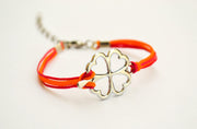 Clover bracelet - orange and pink cord bracelet with a silver shamrock charm, children's size - shani-adi-jewerly
