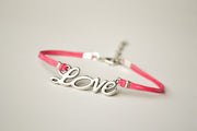 Pink cord bracelet with a silver love charm - shani-adi-jewerly