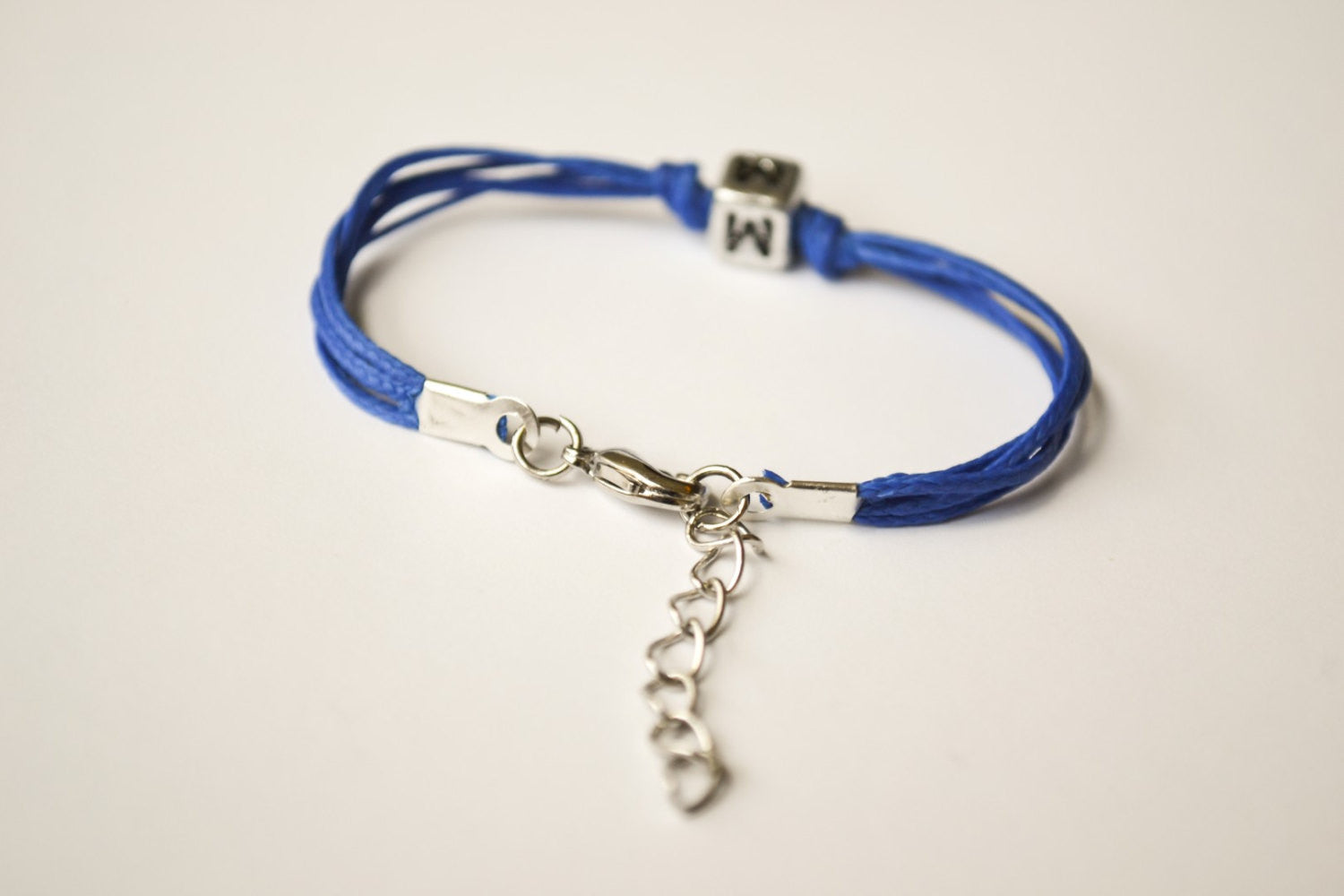 Blue cord Bracelet for children with Tibetan silver english letter charm - shani-adi-jewerly