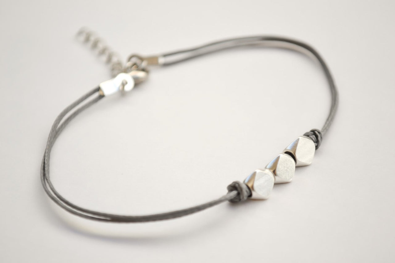 Silver nuggets bracelet, gray cord - shani-adi-jewerly