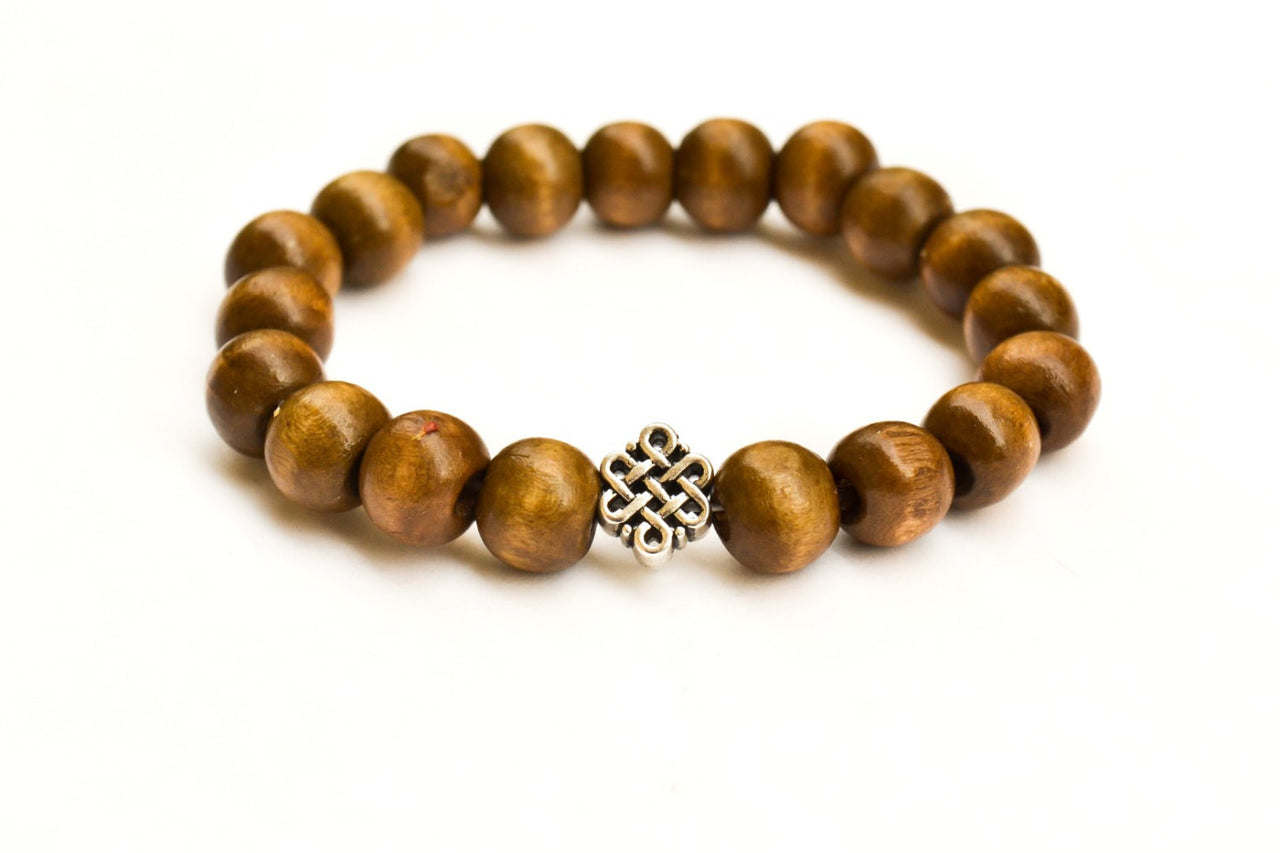 Wood beads stretch bracele with silver celtic endless knot charm - shani-adi-jewerly