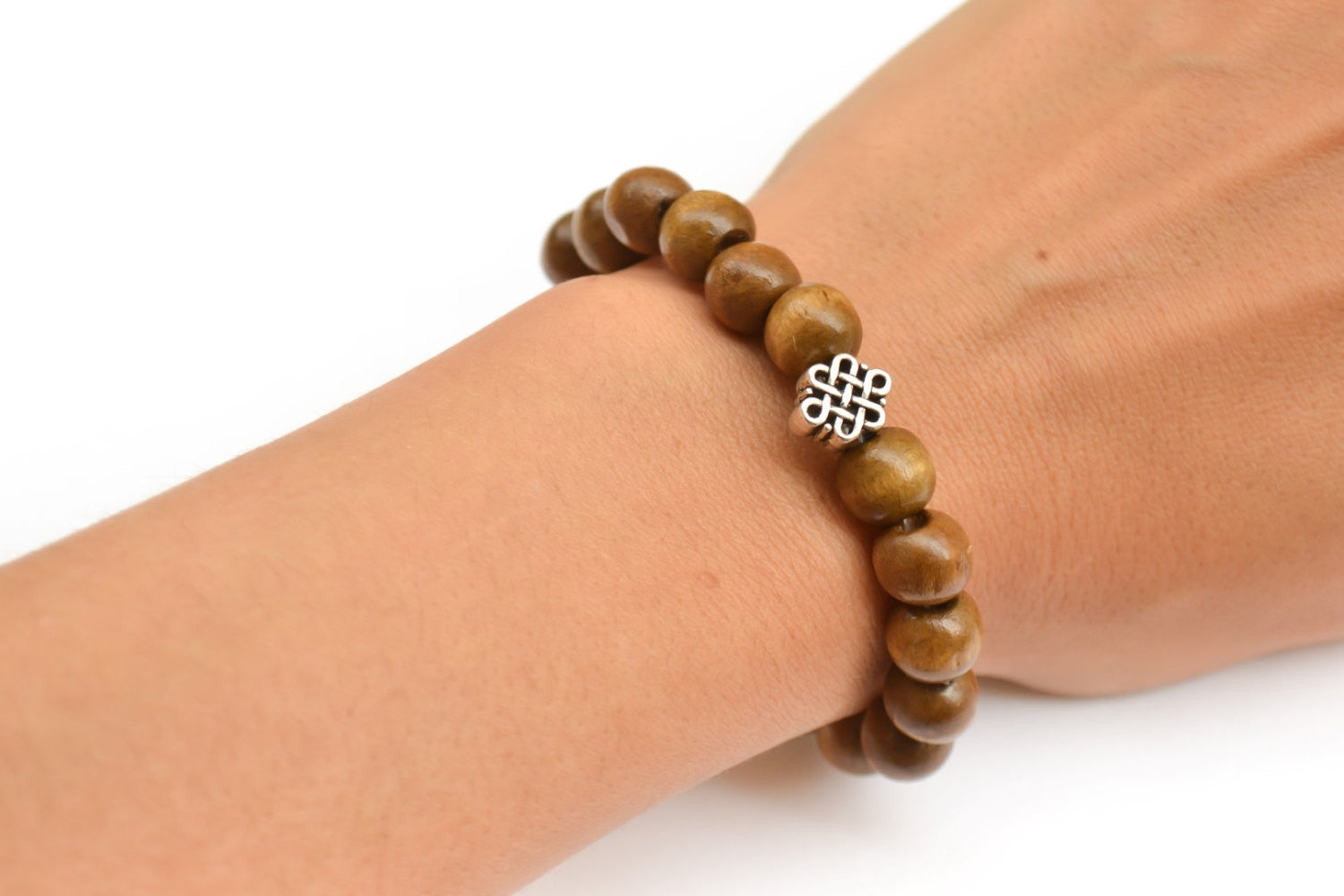 Wood beads stretch bracele with silver celtic endless knot charm - shani-adi-jewerly