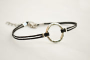 Karma bracelet, silver circle charm and black string, yoga spiritual jewelry - shani-adi-jewerly