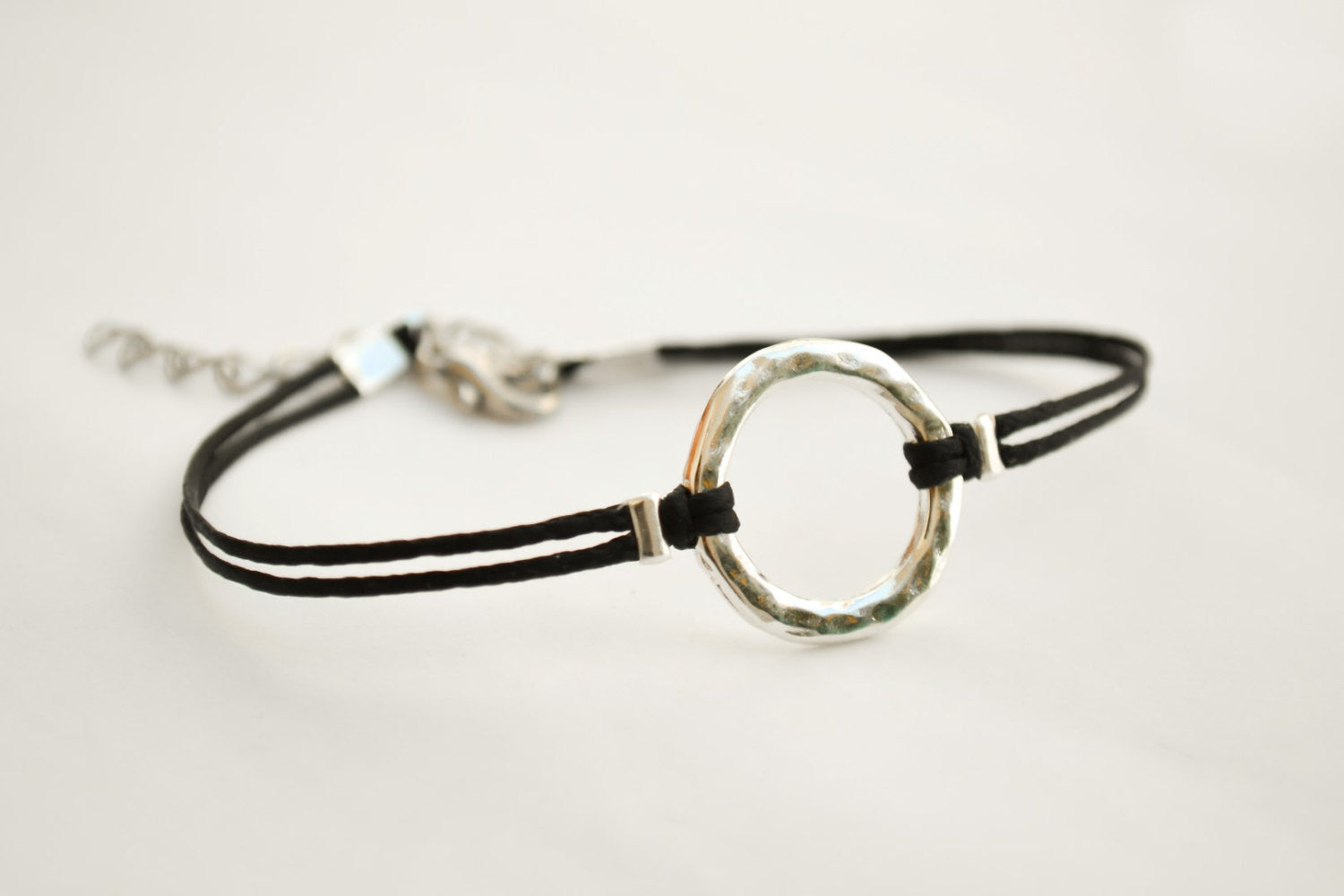 Karma bracelet, silver circle charm and black string, yoga spiritual jewelry - shani-adi-jewerly
