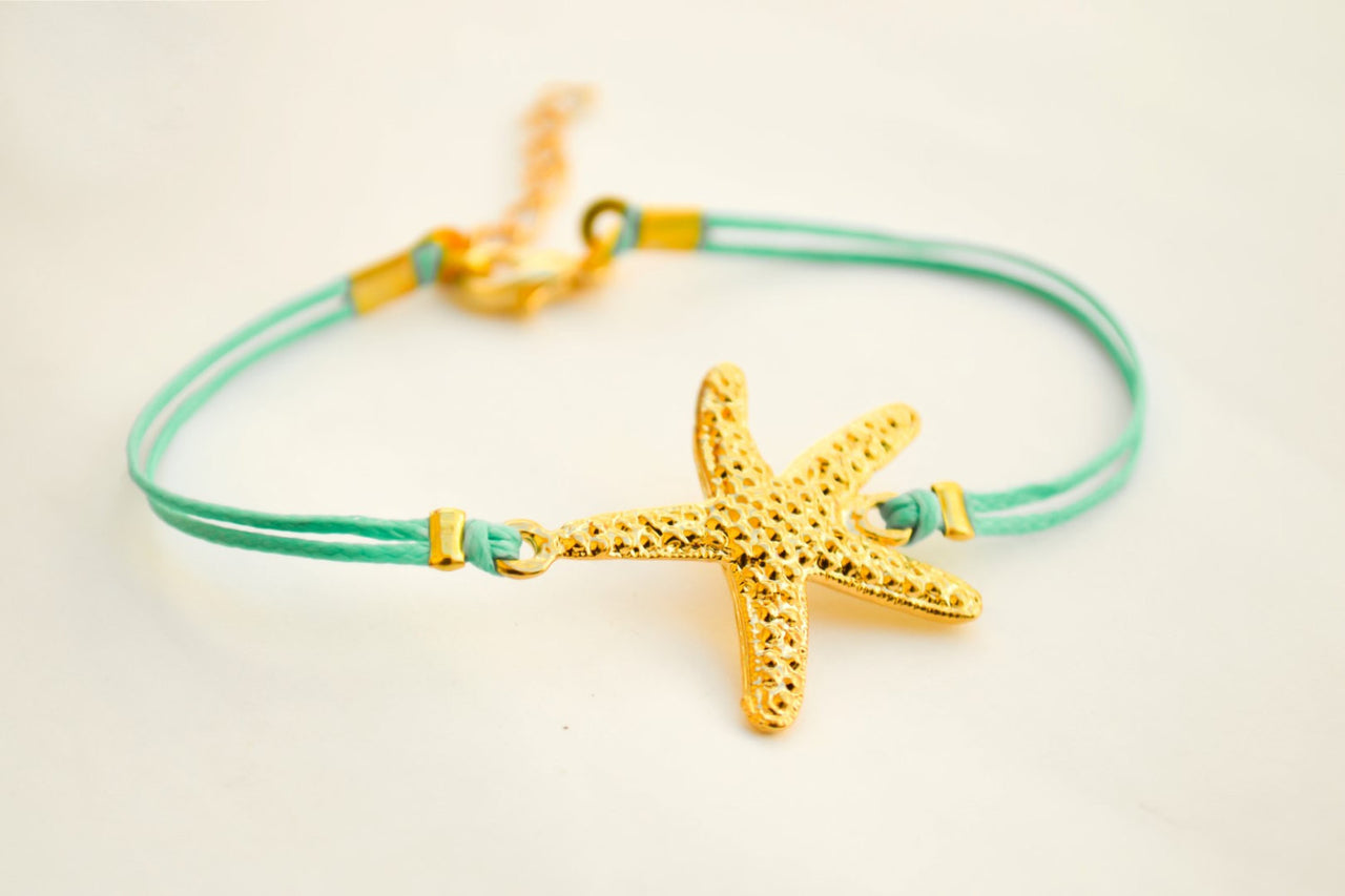 Turquoise cord bracelet with a gold sea star charm - shani-adi-jewerly