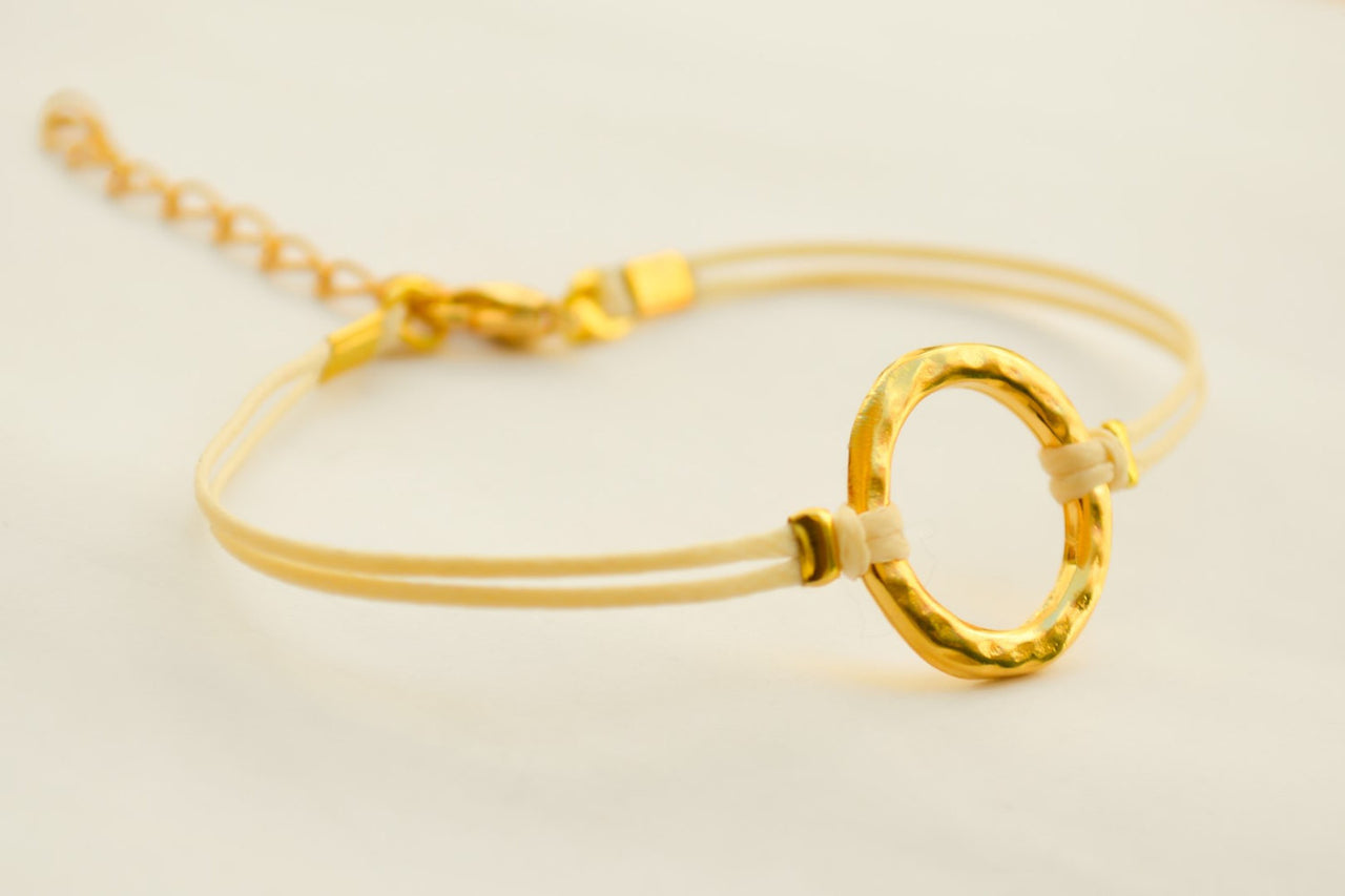Karma bracelet for women, gold circle and beige cord, yoga jewelry - shani-adi-jewerly