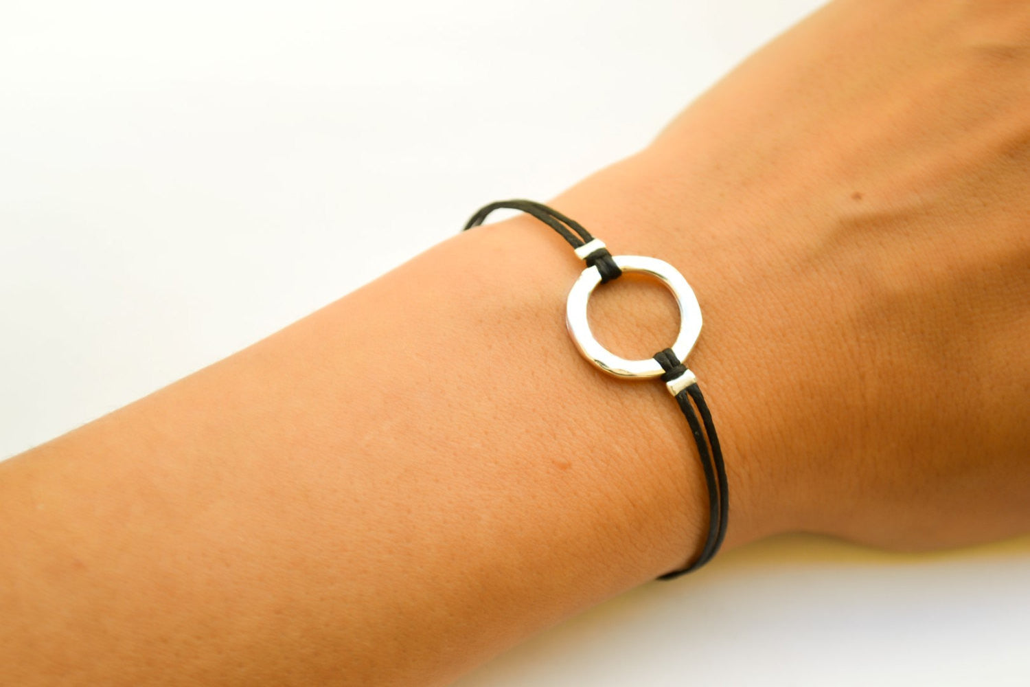 Karma bracelet, silver circle charm and black string, yoga spiritual jewelry - shani-adi-jewerly