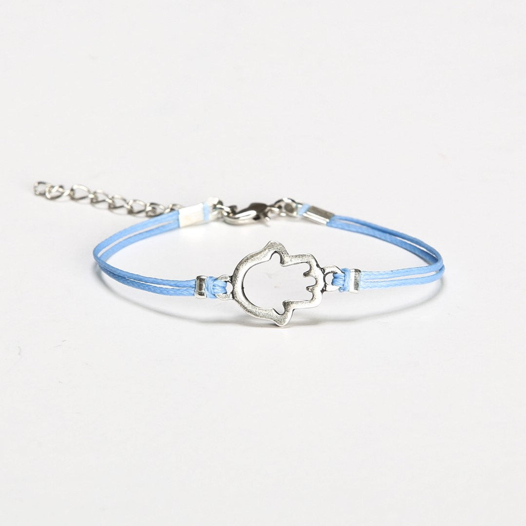 Blue cord bracelet with silver Hamsa charm - shani-adi-jewerly