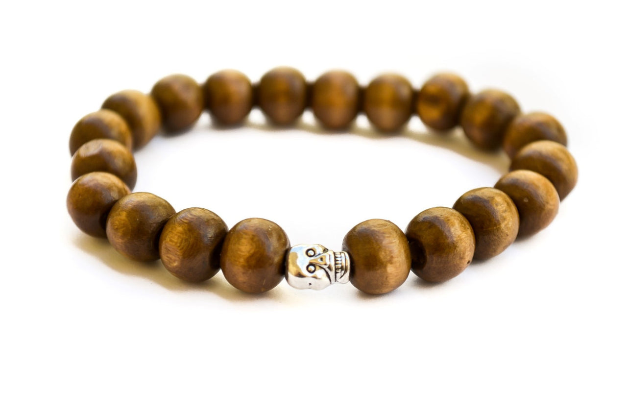 Silver skull bracelet for men, wood beads men's gothic jewelry - shani-adi-jewerly