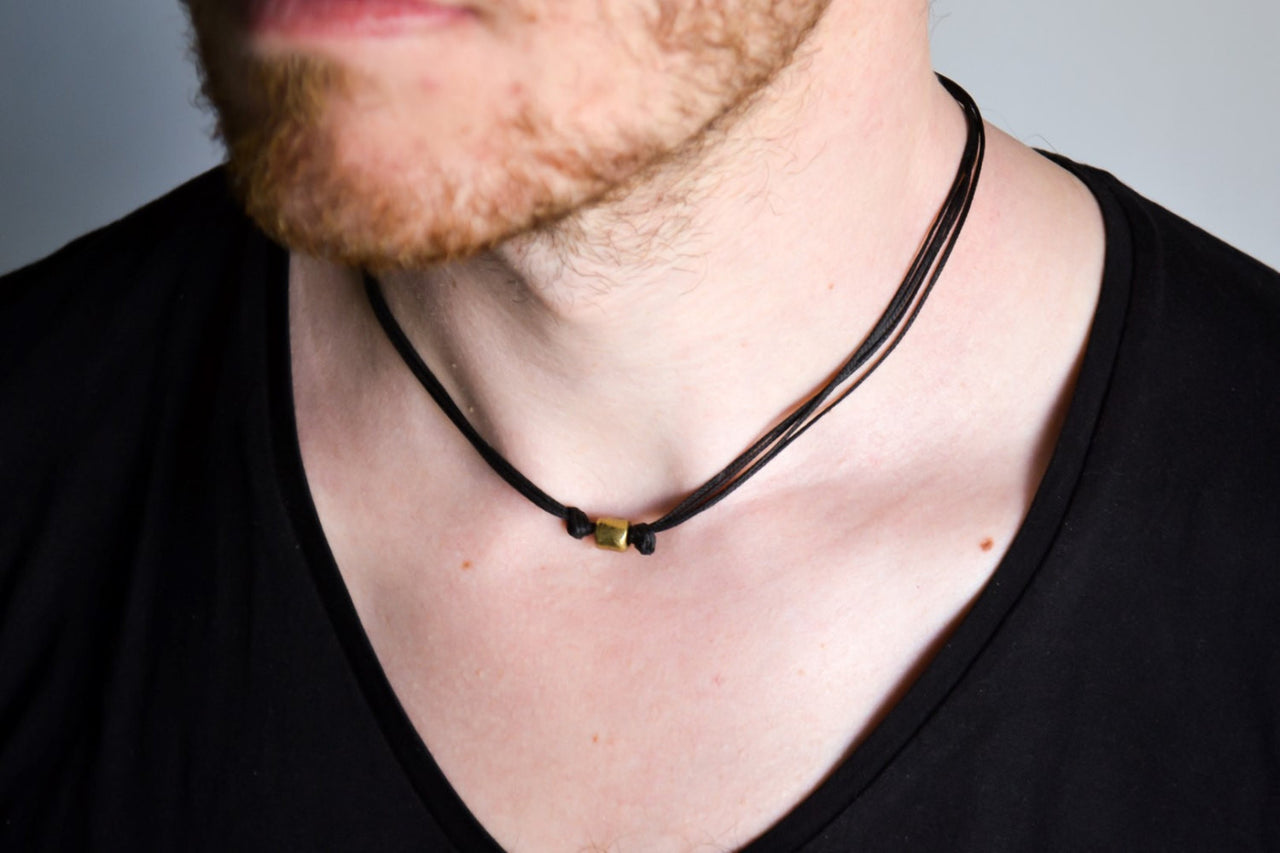 Bronze tube necklace for men, black cord - shani-adi-jewerly