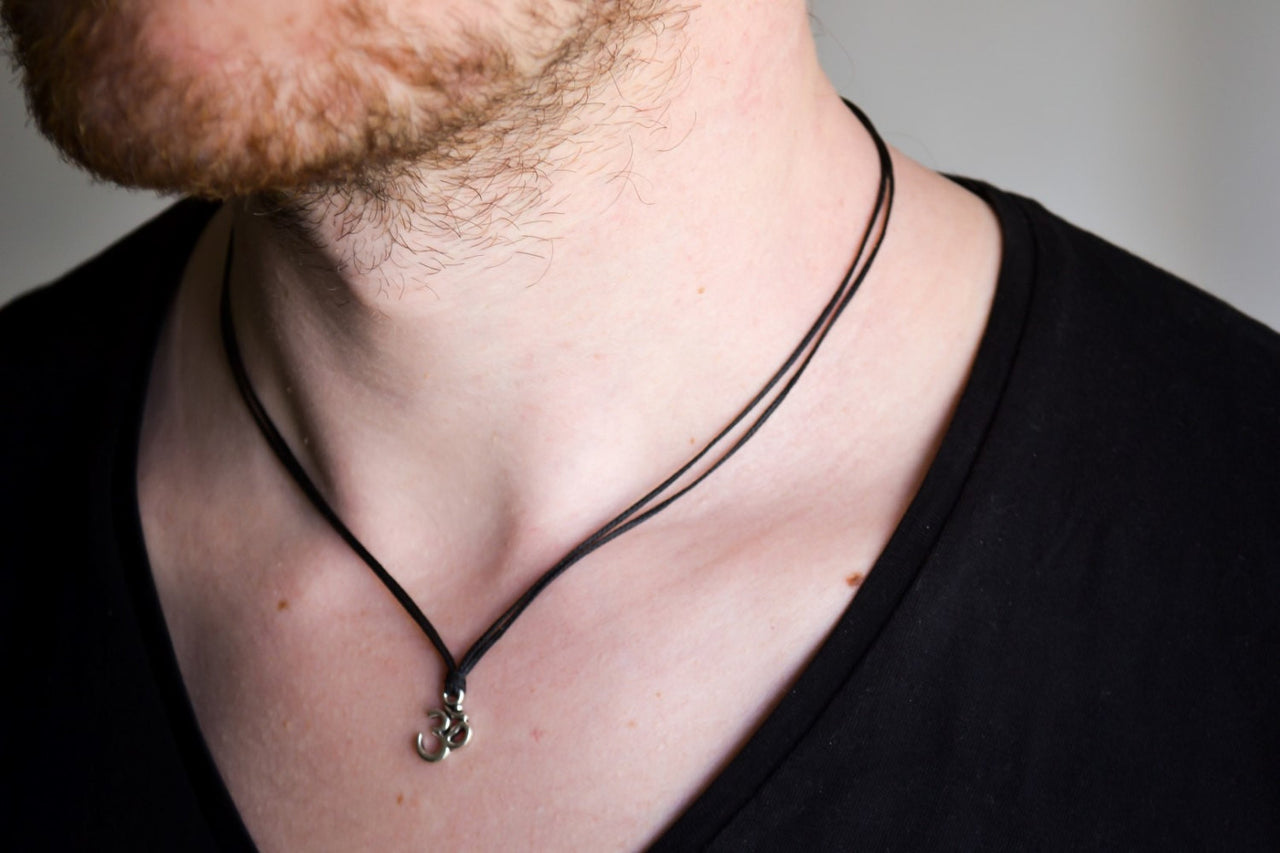 Silver Om necklace for men, black cord - shani-adi-jewerly