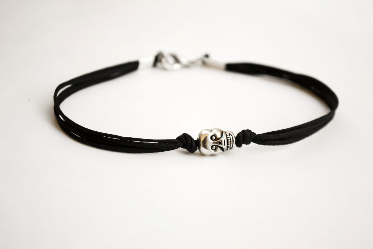Men's bracelet with a silver skull charm and a black cord - shani-adi-jewerly