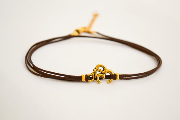 Gold Om wrap anklet, brown cord ankle bracelet - shani-adi-jewerly