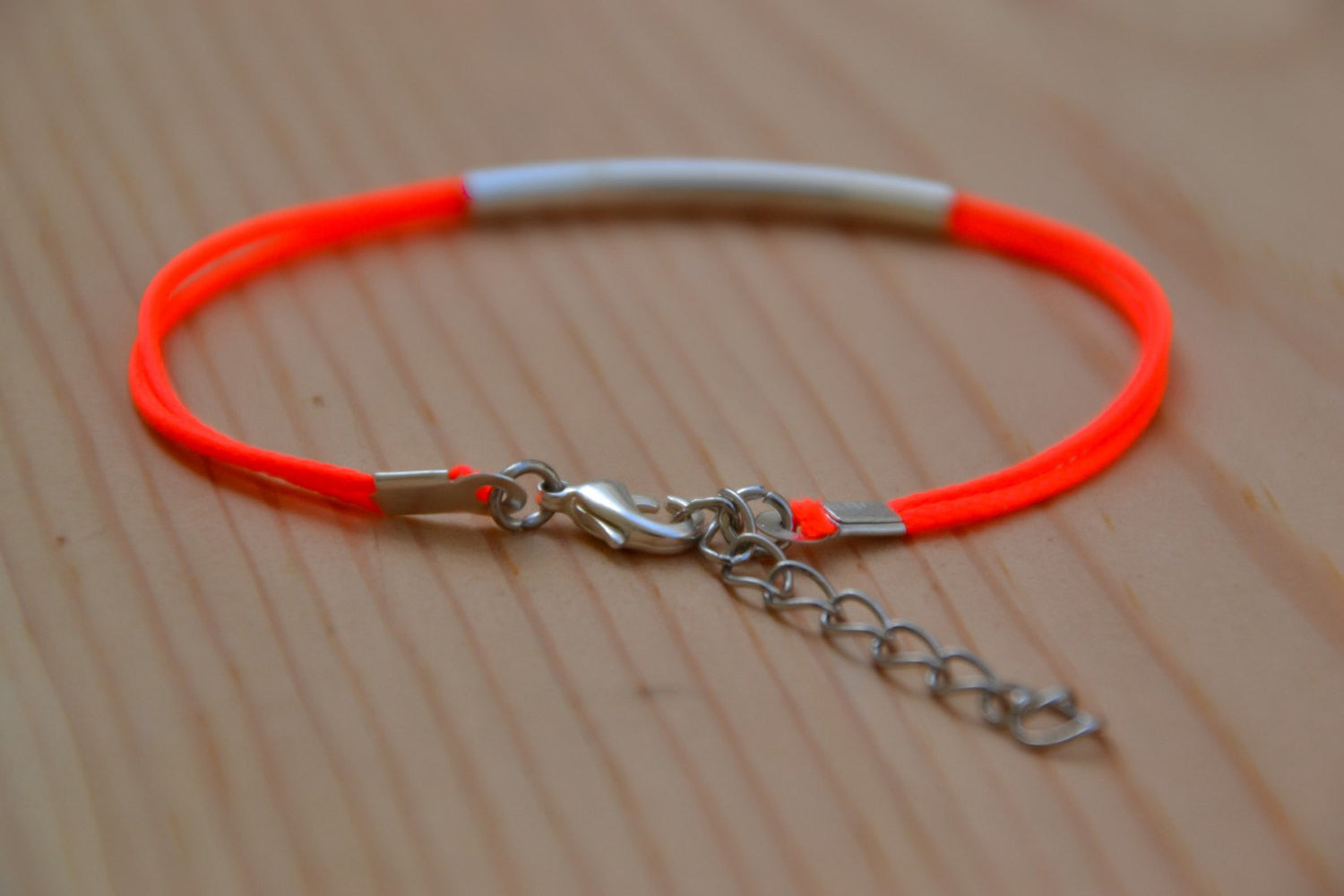 Silver bar bracelet, bright peach cord - shani-adi-jewerly
