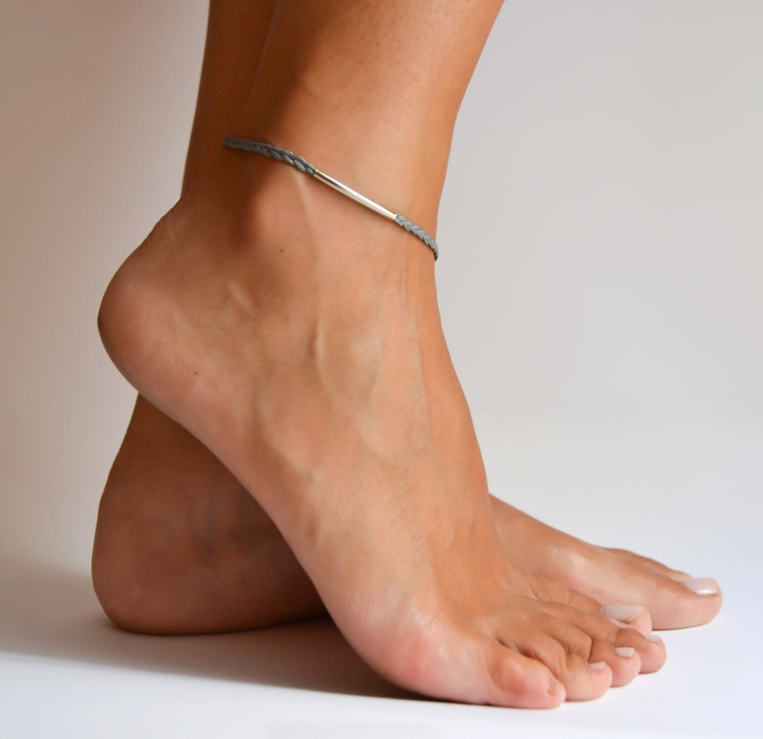 braided cord ankle bracelet with a silver tube - shani-adi-jewerly