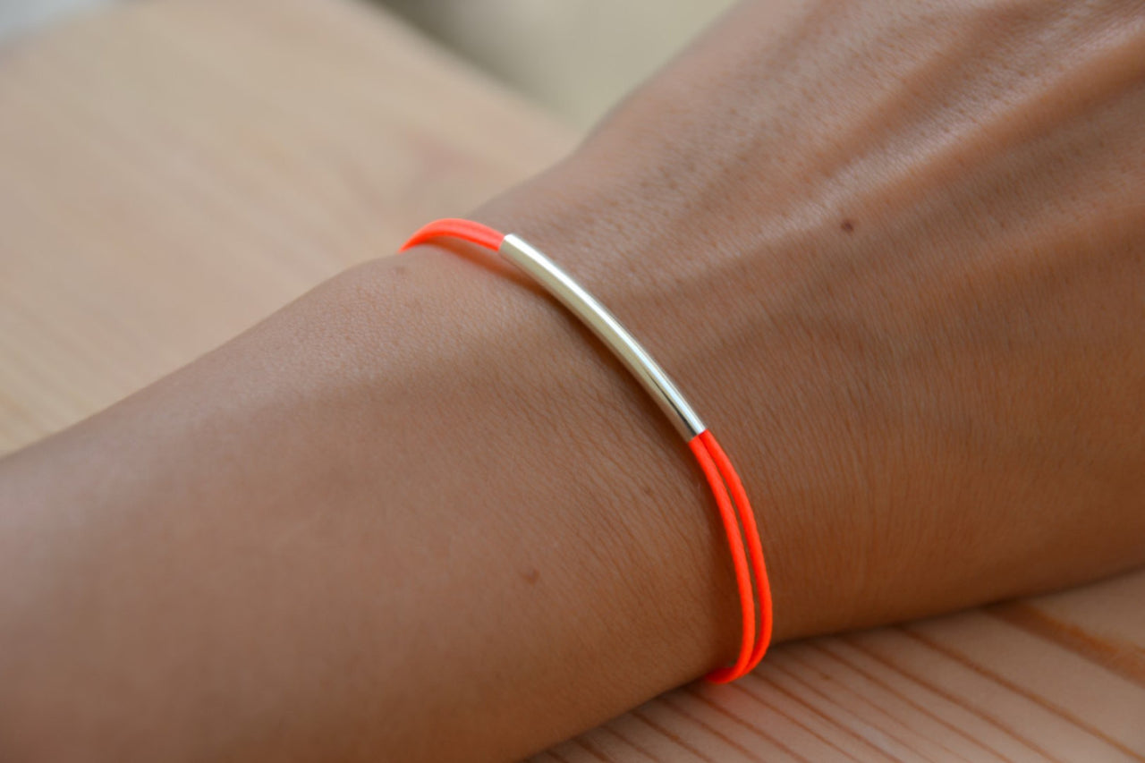Silver bar bracelet, bright peach cord - shani-adi-jewerly