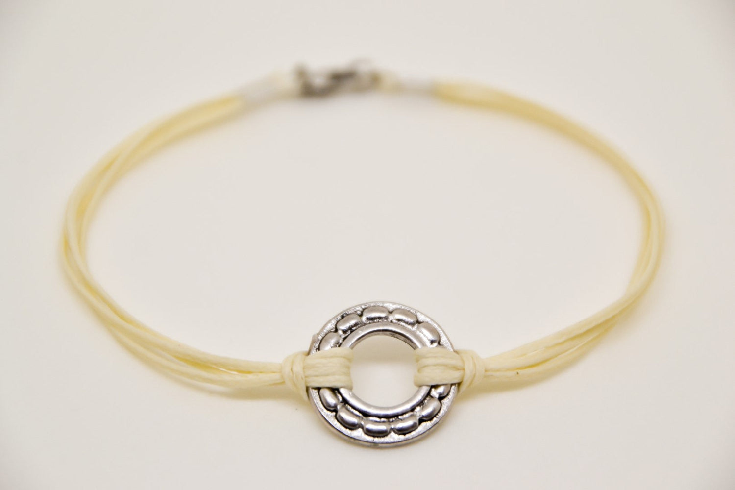 silver karma bracelet for men, beige cord - shani-adi-jewerly