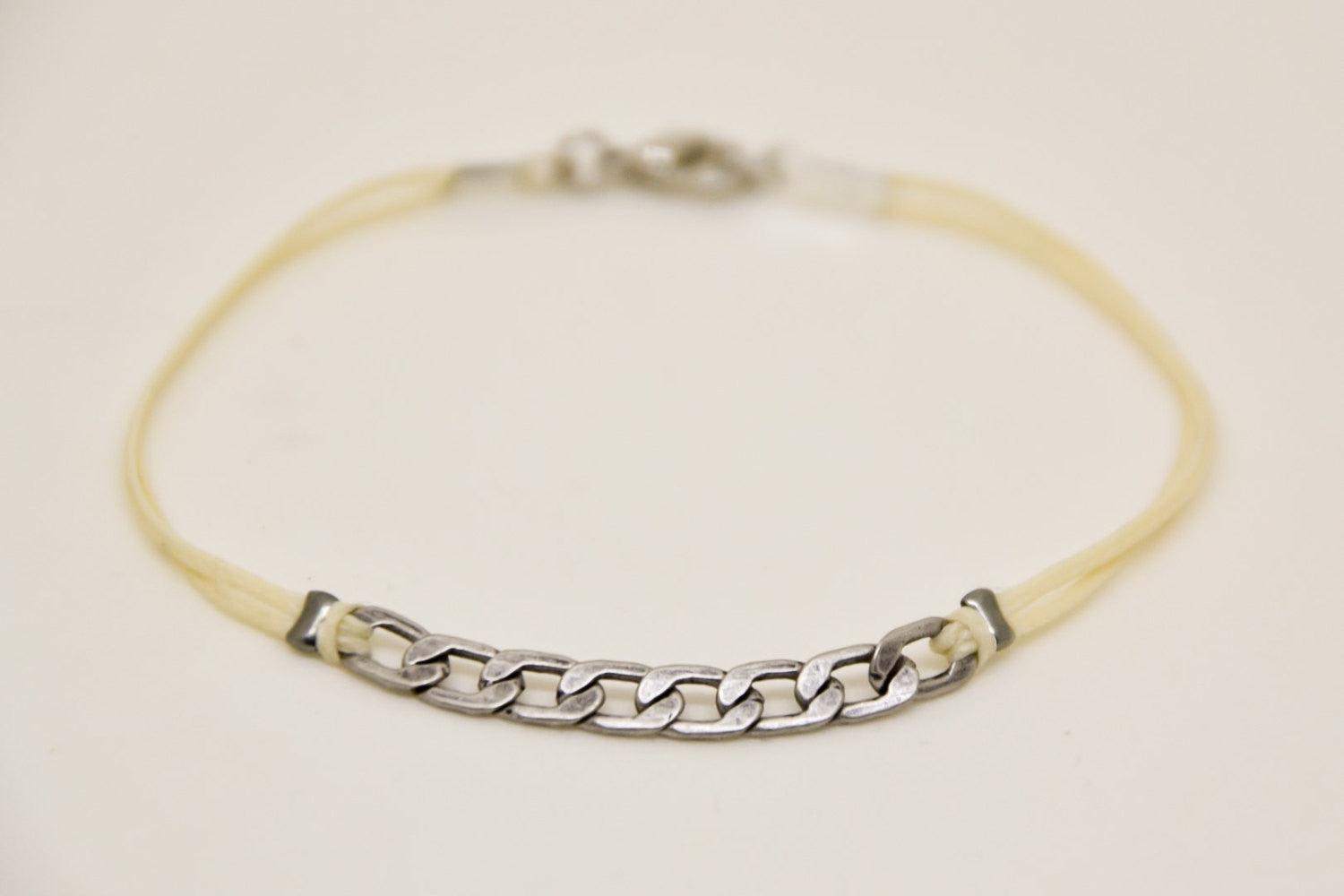 Silver flat link chain bracelet for men, beige cord - shani-adi-jewerly