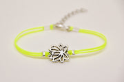 Neon yellow cord bracelet with silver lotus charm - shani-adi-jewerly