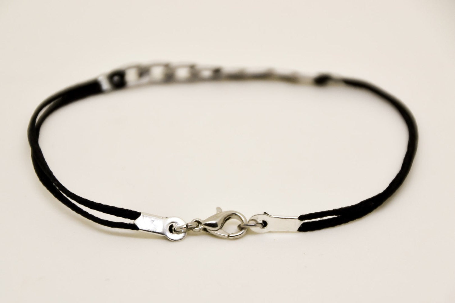 Silver flat link chain men's bracelet with a black cord - shani-adi-jewerly