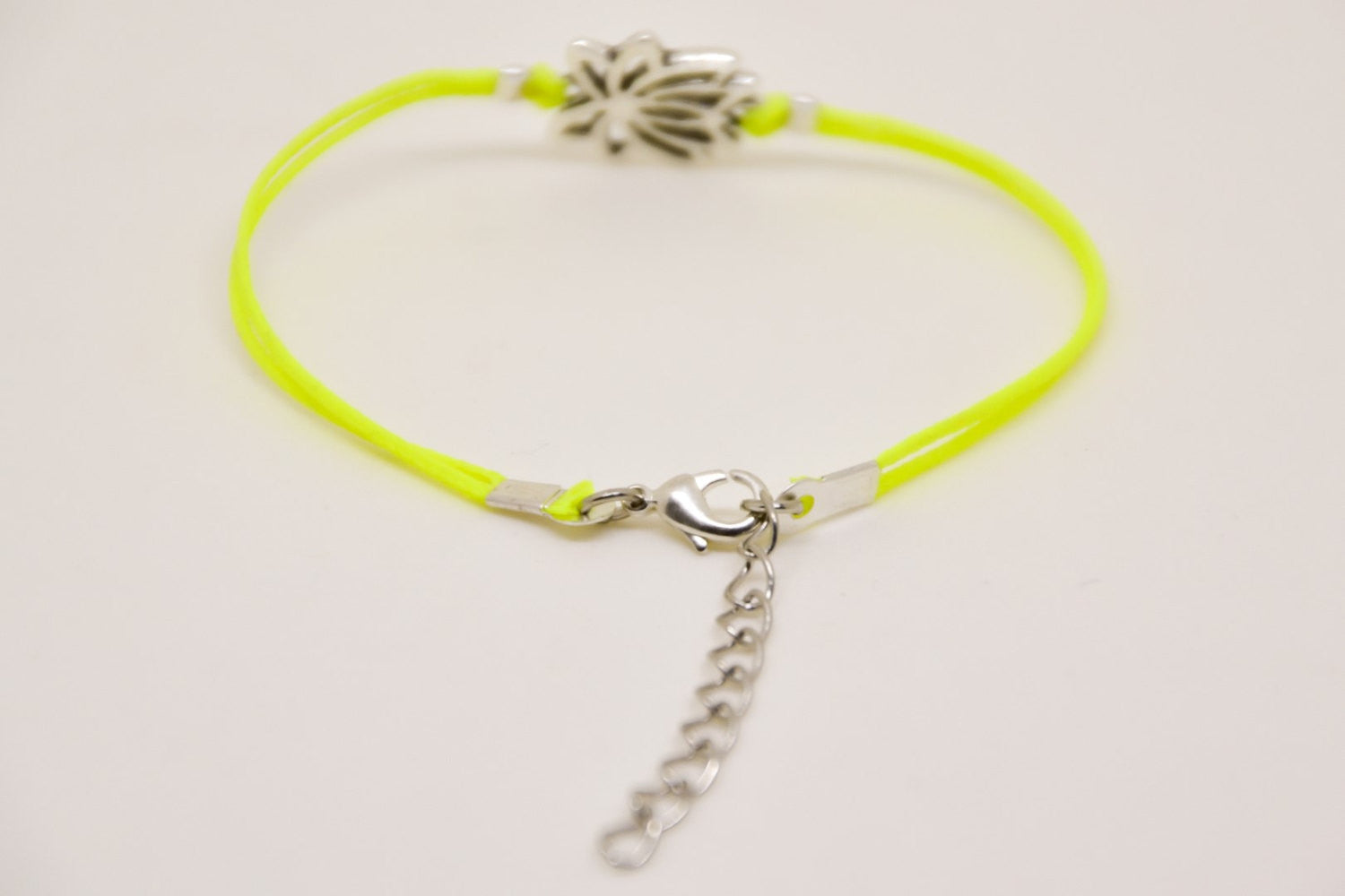 Neon yellow cord bracelet with silver lotus charm - shani-adi-jewerly
