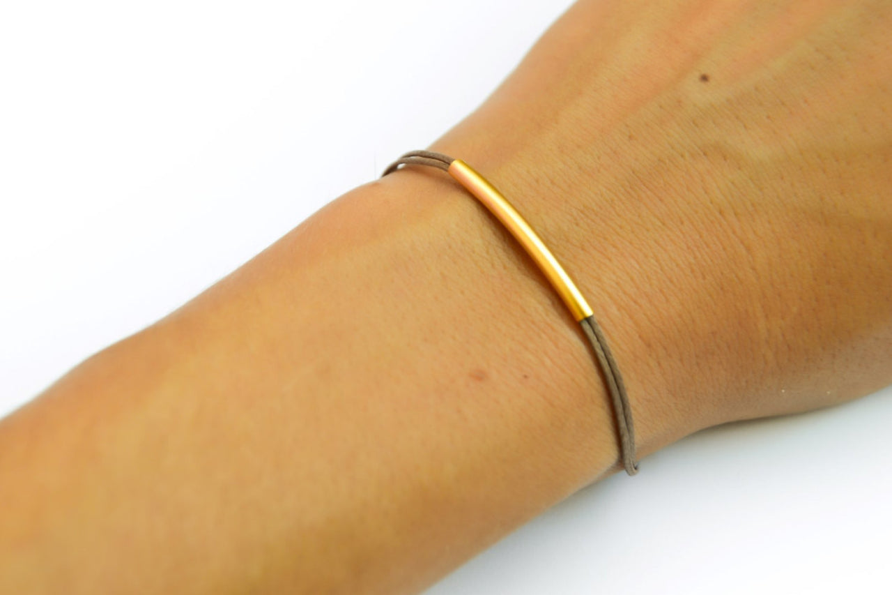 Gold bar bracelet, brown cord - shani-adi-jewerly