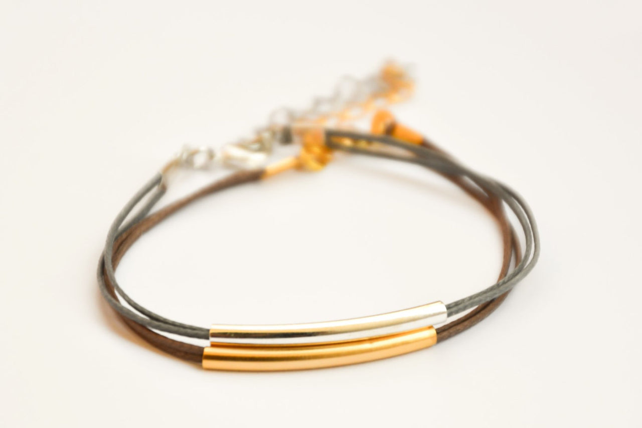Silver and gold plated tube charms bracelets, gray and brown cords - shani-adi-jewerly