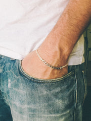 Silver flat link chain bracelet for men, beige cord - shani-adi-jewerly