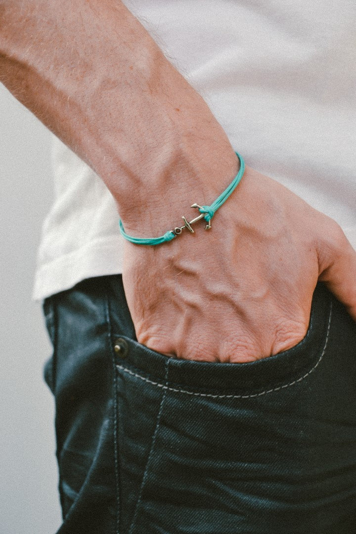 Silver anchor bracelet for men, turquoise cords - shani-adi-jewerly