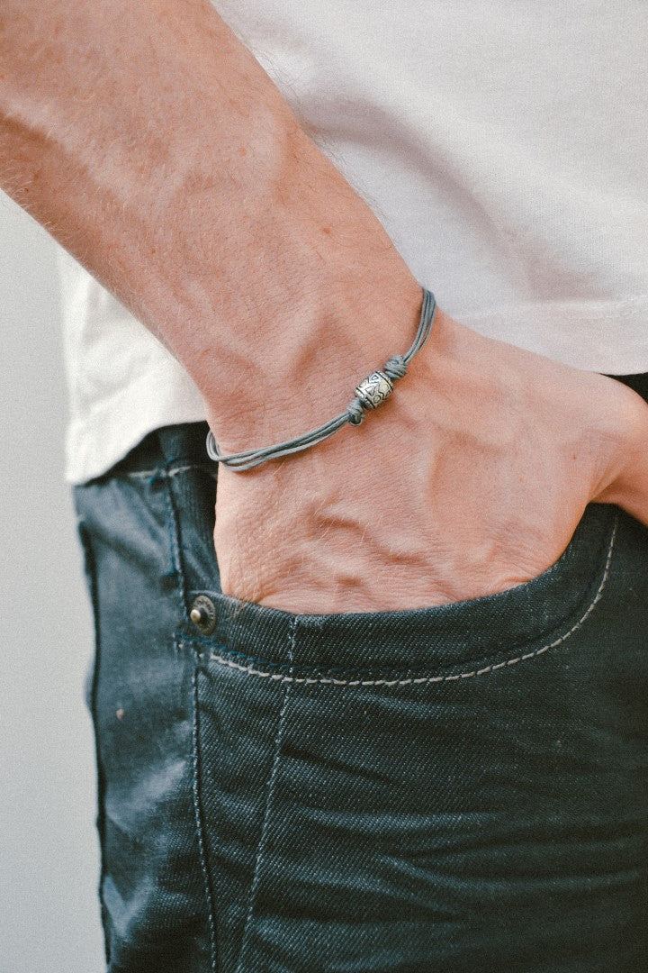 Grey cord bracelet, silver tribal aztec tube charm for men - shani-adi-jewerly