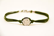 Green cord bracelet for men with a silver round charm - shani-adi-jewerly