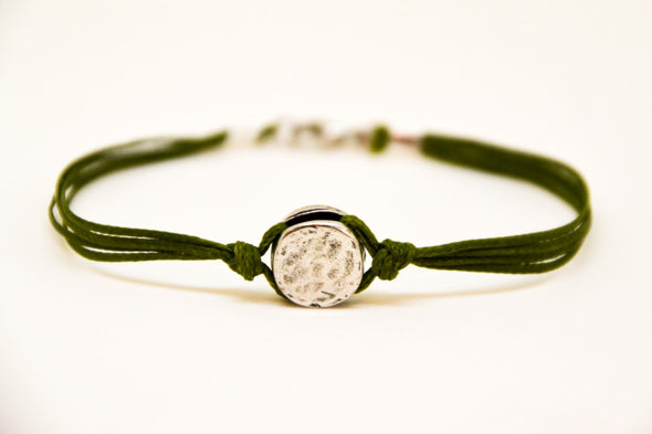Green cord bracelet for men with a silver round charm - shani-adi-jewerly