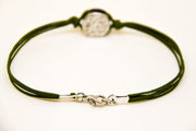 Green cord bracelet for men with a silver round charm - shani-adi-jewerly