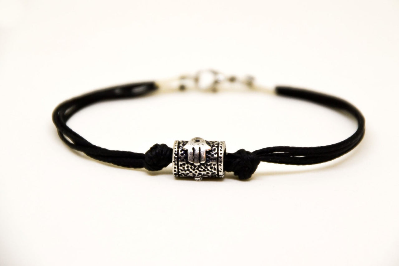 Hamsa Tube bracelet for men, black cord - shani-adi-jewerly