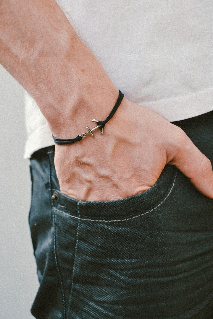 Silver anchor bracelet for men, black cord, nautical beach jewelry - shani-adi-jewerly