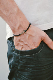 Silver anchor bracelet for men, black cord, nautical beach jewelry - shani-adi-jewerly