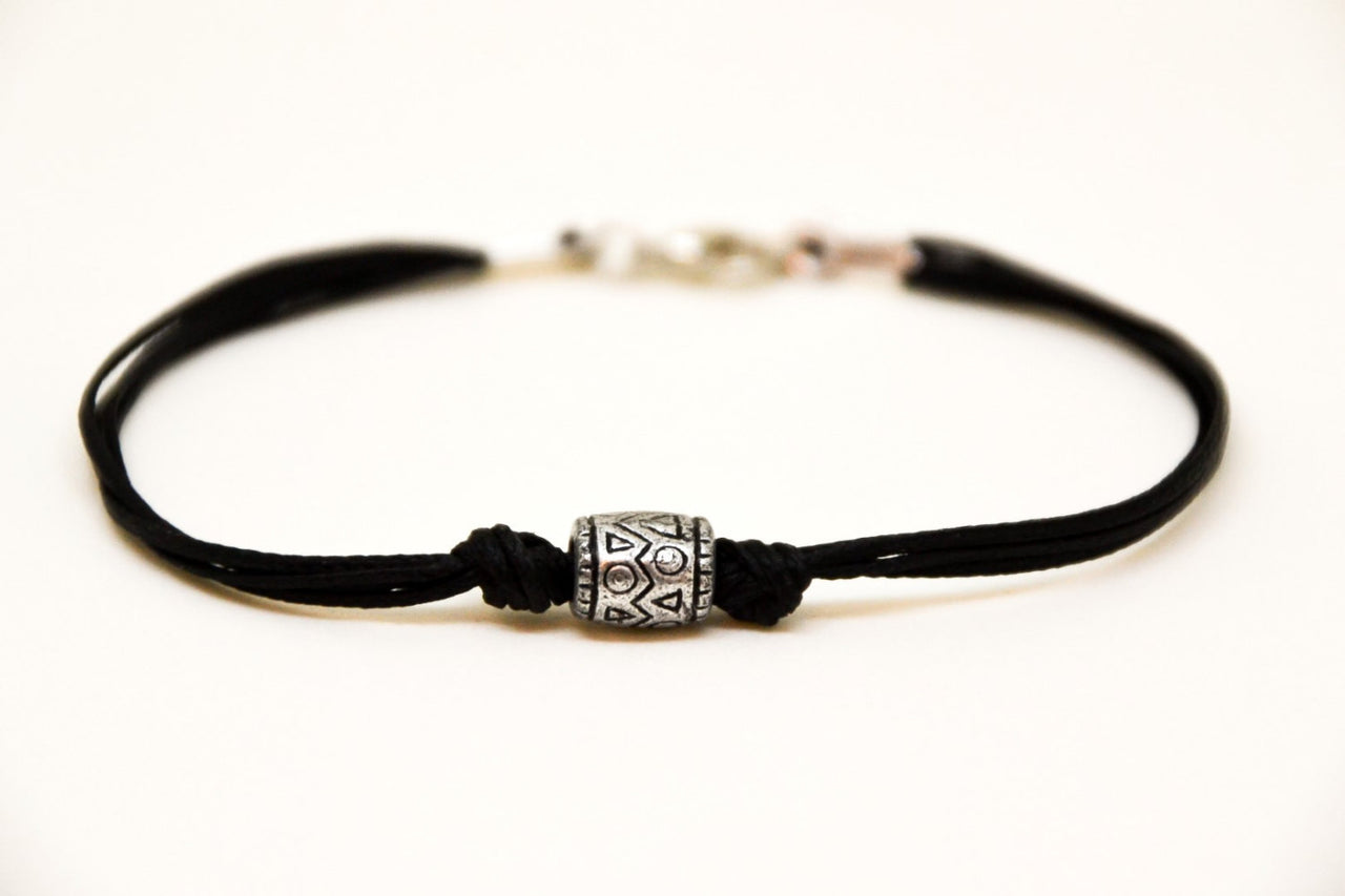 Men's bracelet with a silver aztec tribal bead and a black cord - shani-adi-jewerly