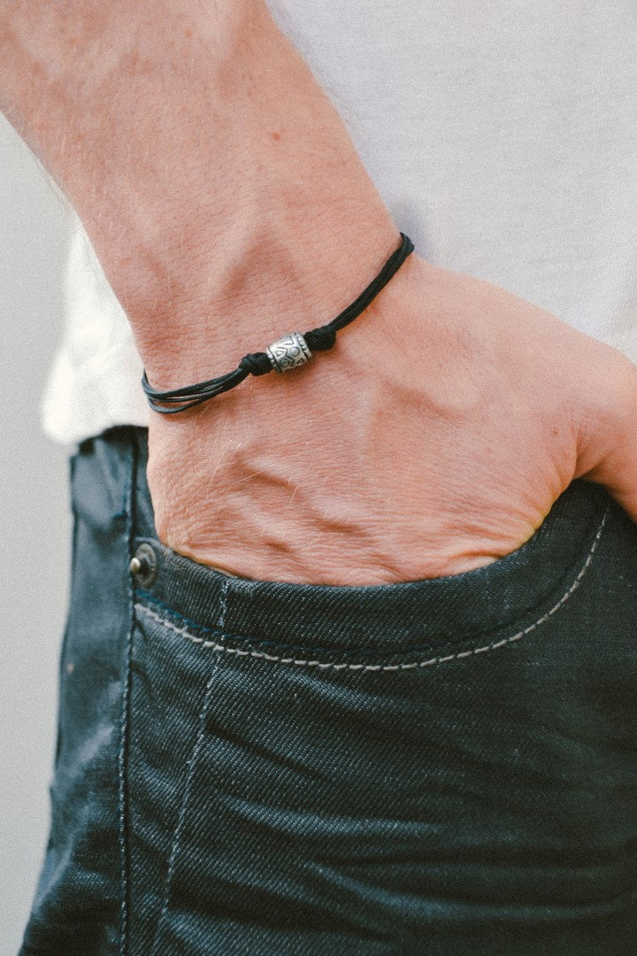 Men's bracelet with a silver aztec tribal bead and a black cord - shani-adi-jewerly