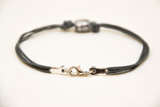 Grey cord bracelet, silver tribal aztec tube charm for men - shani-adi-jewerly