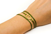Wrap green cord bracelet with gold hamsa charm - shani-adi-jewerly