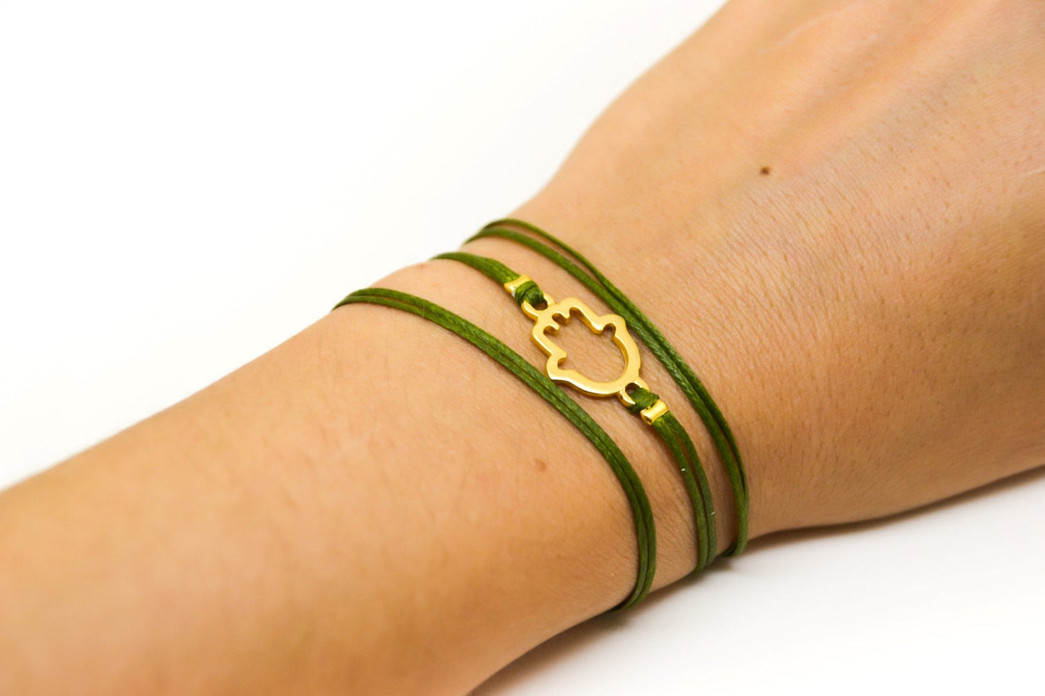 Wrap green cord bracelet with gold hamsa charm - shani-adi-jewerly