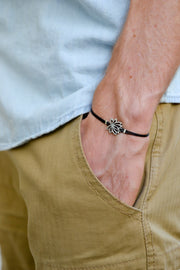 Tibetan silver Lotus bracelet for men, black cord - shani-adi-jewerly