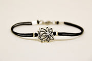 Tibetan silver Lotus bracelet for men, black cord - shani-adi-jewerly