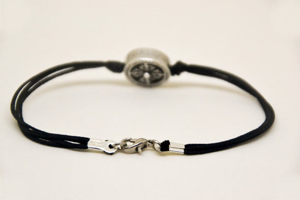 Silver circle bracelet for men, black cord - shani-adi-jewerly