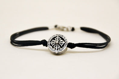 Silver circle bracelet for men, black cord - shani-adi-jewerly